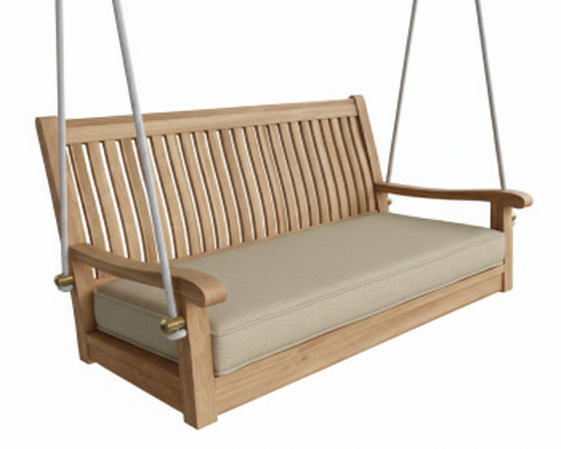Wooden swing with beige cushion on a white background
