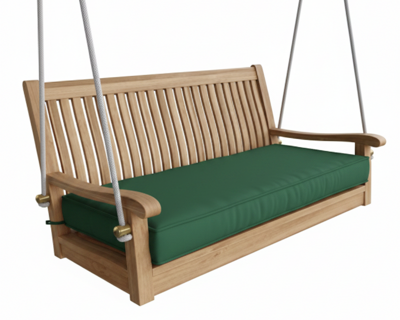 Wooden swing with green cushion on a white background
