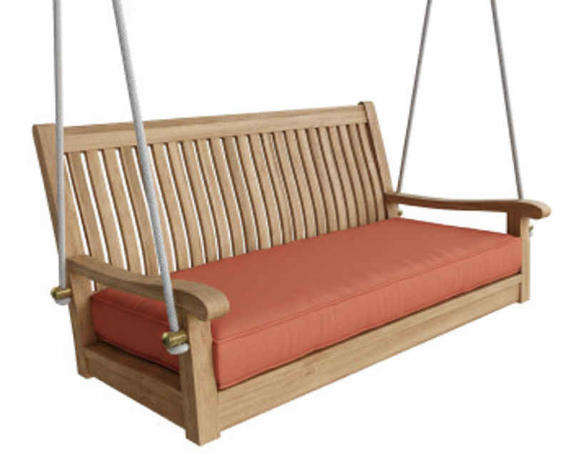 Wooden swing with red cushion on a white background