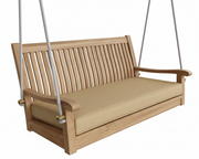 Wooden porch swing with beige cushion on a white background