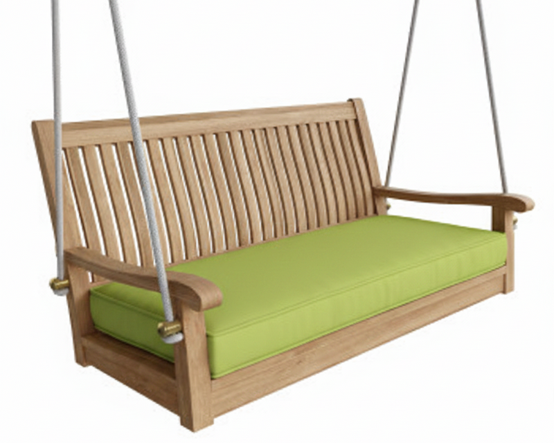 Wooden swing with green cushion on a white background