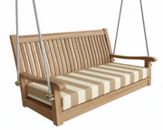 Wooden swing with striped cushion on a white background
