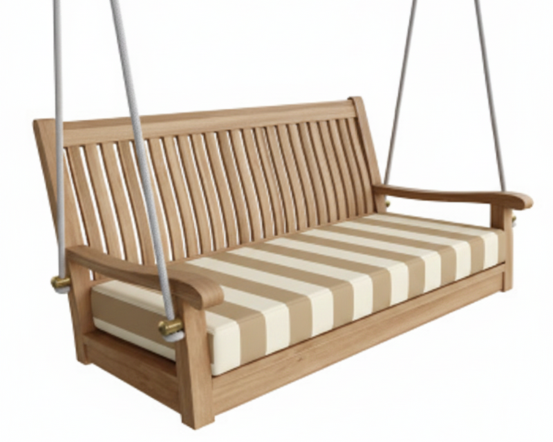Wooden swing with striped cushion on a white background