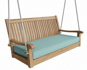 Wooden porch swing with a blue cushion on a white background