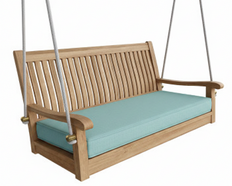 Wooden porch swing with a blue cushion on a white background