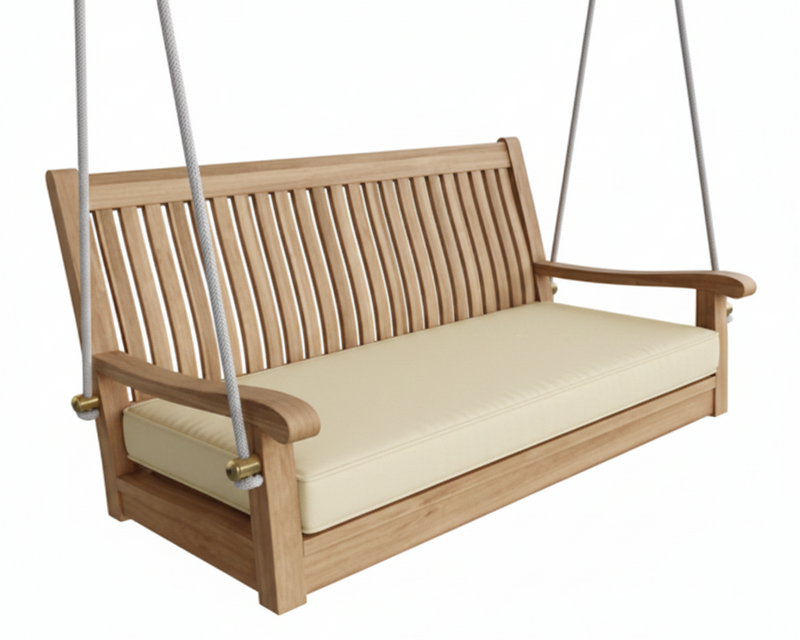 wooden swing with a natural color cushion on a white background