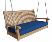 Wooden swing with blue cushion on a white background