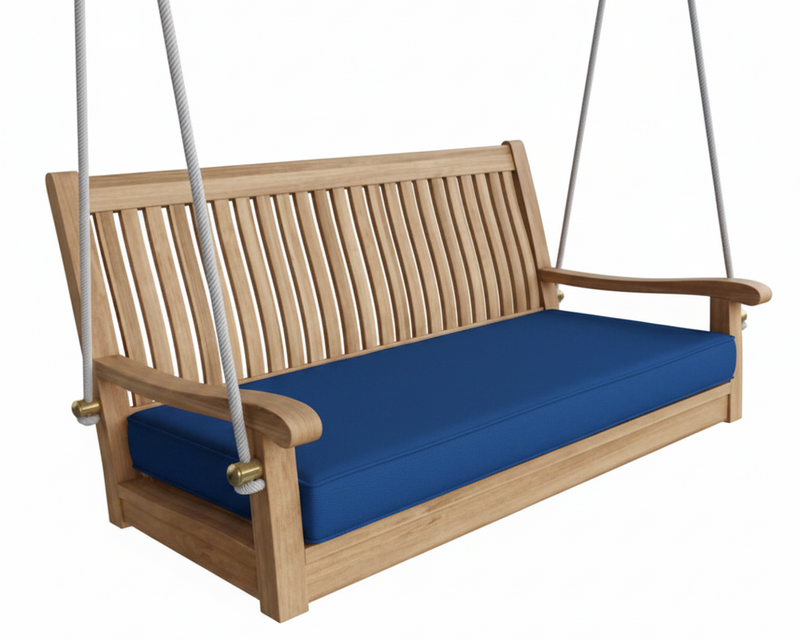 Wooden swing with blue cushion on a white background