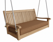 Wooden swing bench with brown cushion on a white background
