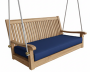 Wooden swing with blue cushion on a white background