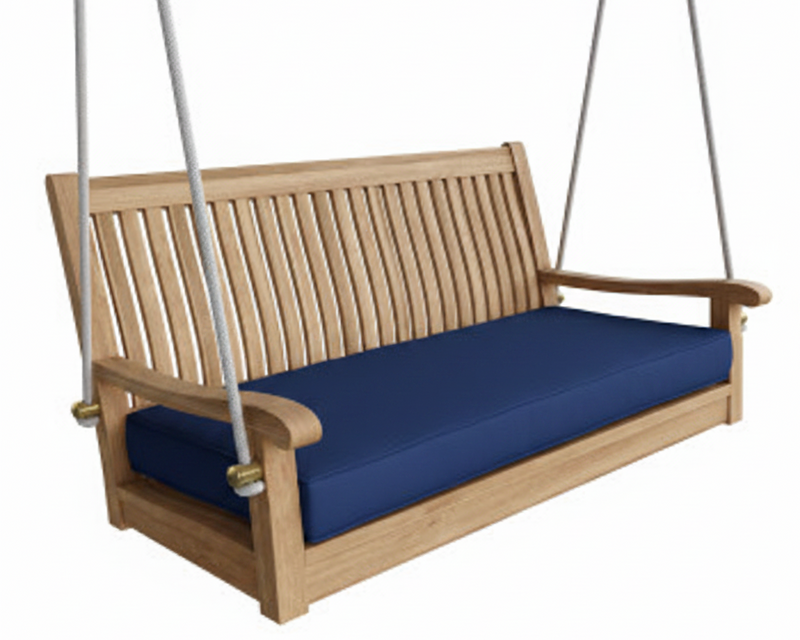 Wooden swing with blue cushion on a white background