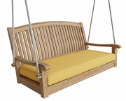 Wooden swing with yellow cushion on a white background