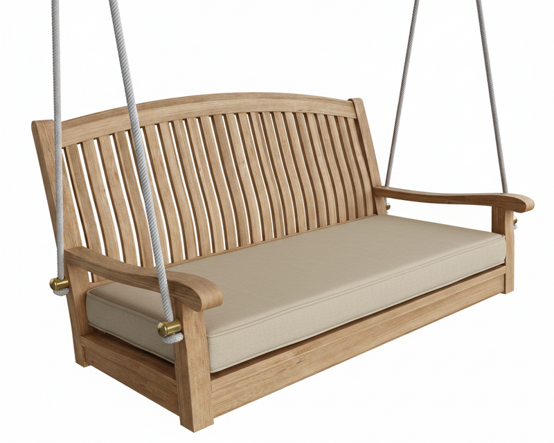 Wooden porch swing with beige cushion on a white background