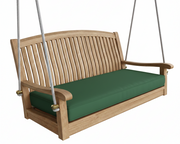 Wooden swing with green cushion on a white background