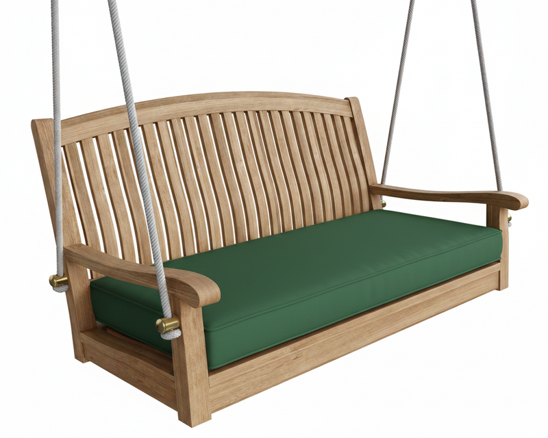 Wooden swing with green cushion on a white background