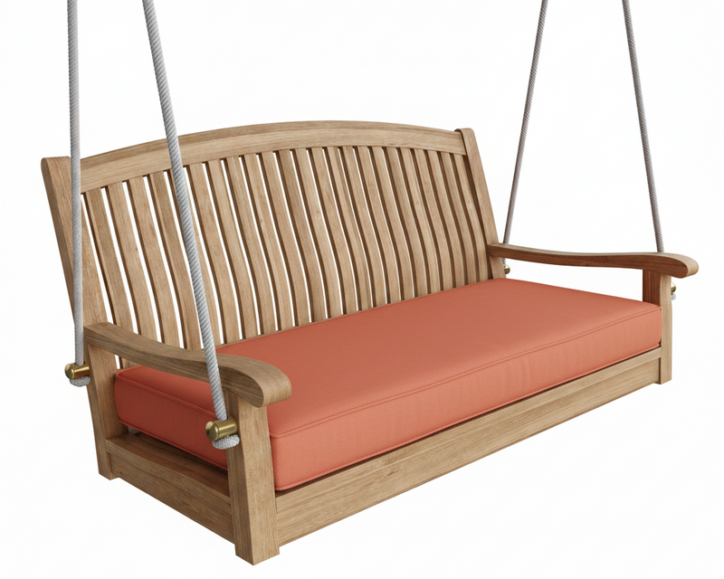 Wooden porch swing with orange cushion on a white background