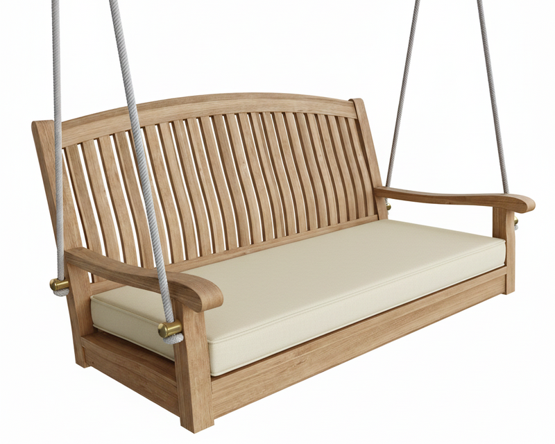Wooden porch swing with white cushion on a white background