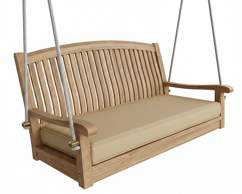 Wooden porch swing with beige cushion on a white background