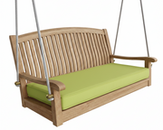Wooden swing with green cushion on a white background