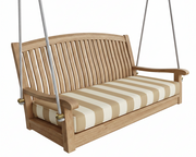 Wooden swing with striped cushion on a white background