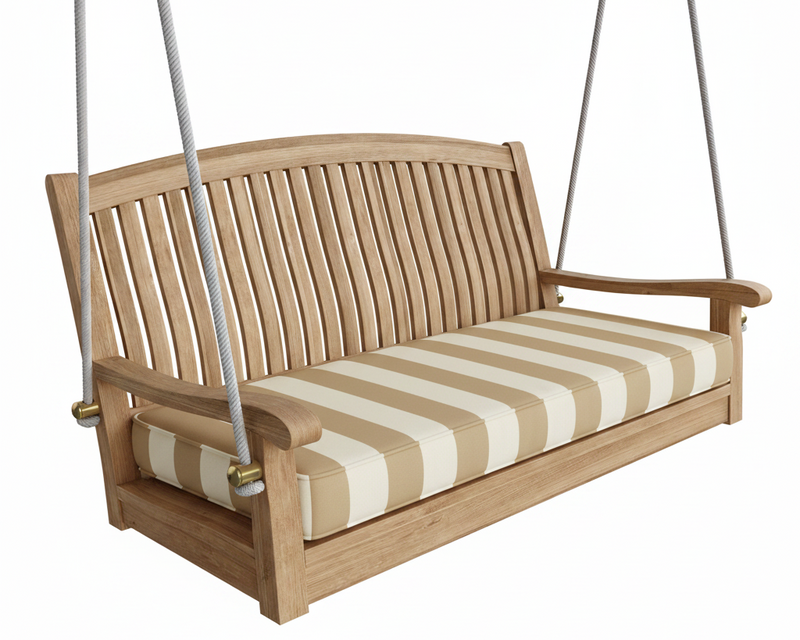 Wooden swing with striped cushion on a white background