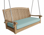 Wooden swing with a light blue cushion on a white background