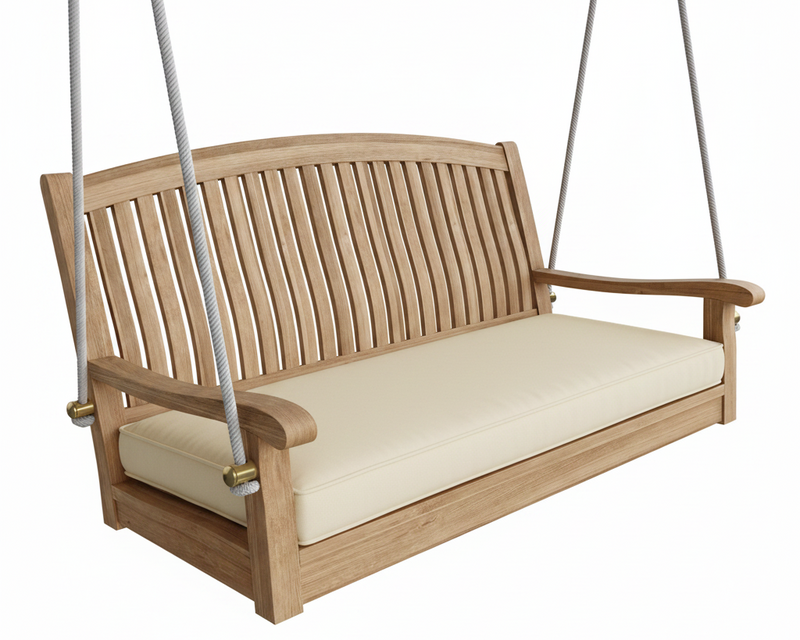 Wooden swing with cream cushion on a white background