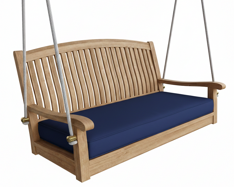 Wooden swing with a navy cushion with a white background