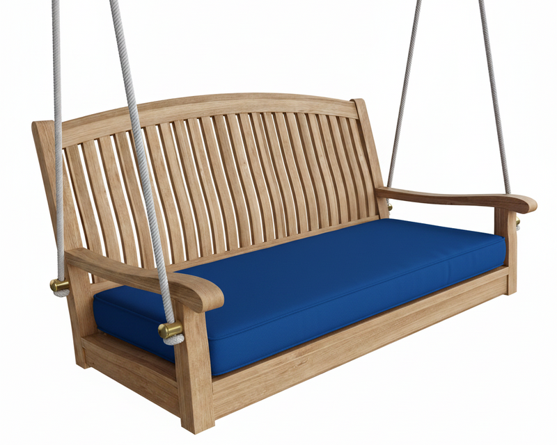 Wooden swing with blue cushion on a white background