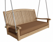 Wooden porch swing with a brown cushion on a white background