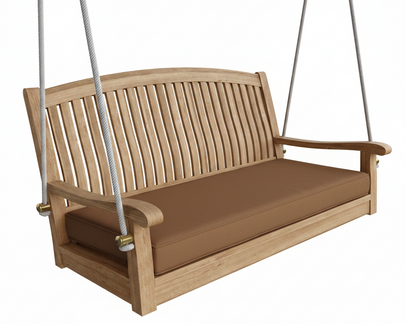 Wooden porch swing with a brown cushion on a white background