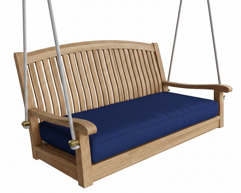 Wooden swing with a blue cushion on a white background
