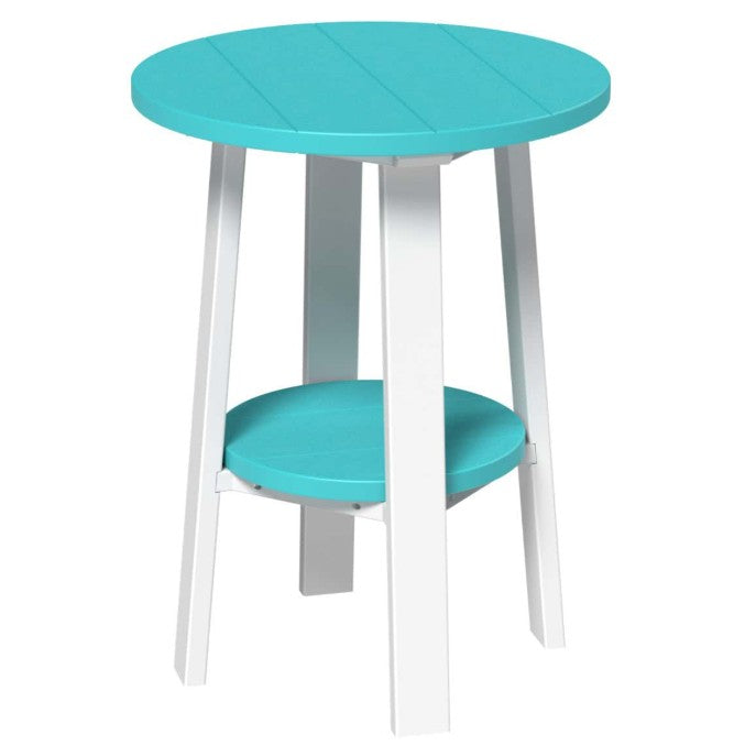 LuxCraft deluxe end table 28-inches high in aruba blue and white on a white background.  
