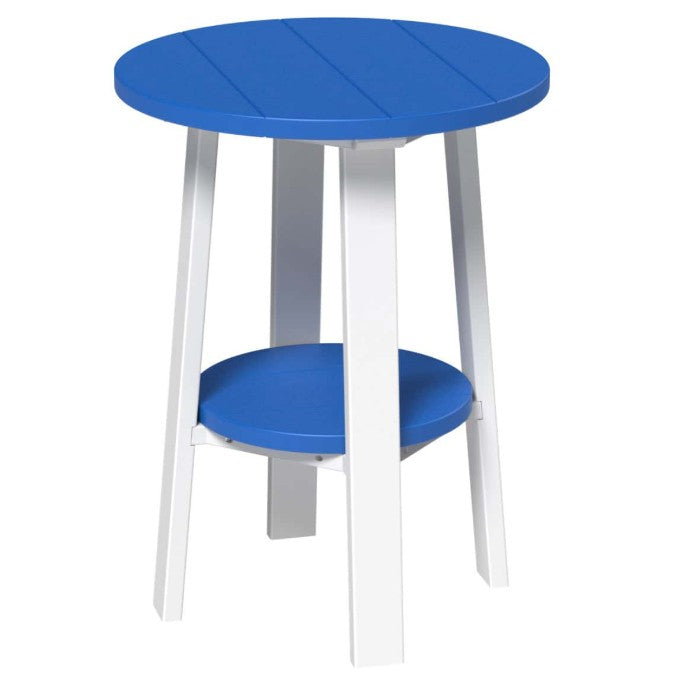 LuxCraft deluxe end table 28-inches high in blue and white on a white background.  