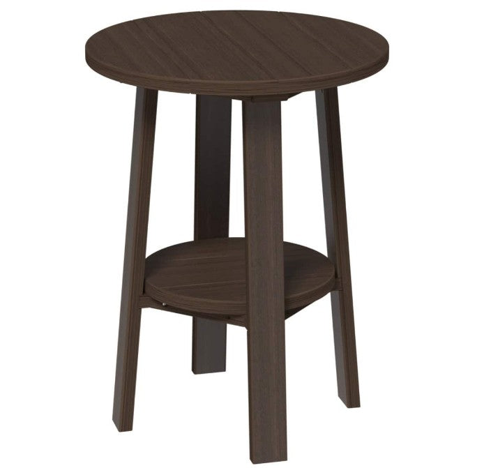 LuxCraft deluxe end table 28-inches high in brazilian walnut on a white background.  