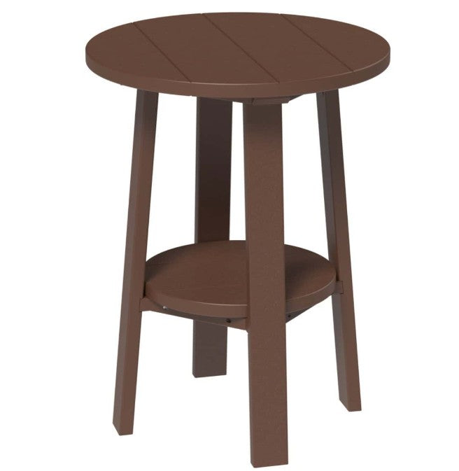 LuxCraft deluxe end table 28-inches high in chestnut brown on a white background.  