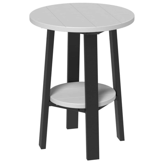 LuxCraft deluxe end table 28-inches high in dove gray and black on a white background.  