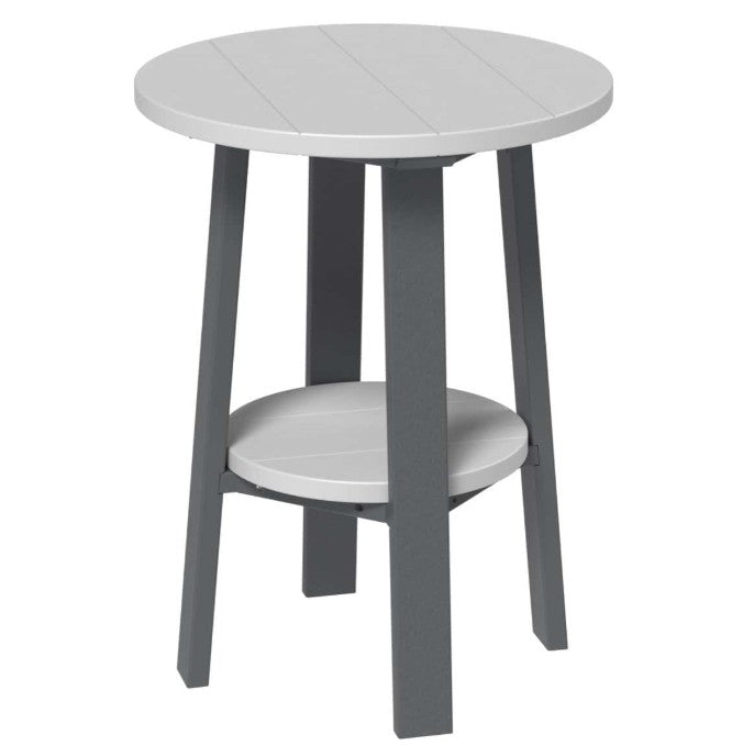 LuxCraft deluxe end table 28-inches high in dove gray and slate on a white background.  