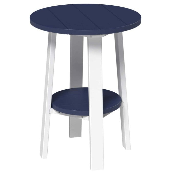 LuxCraft deluxe end table 28-inches high in patriot blue and white on a white background.  