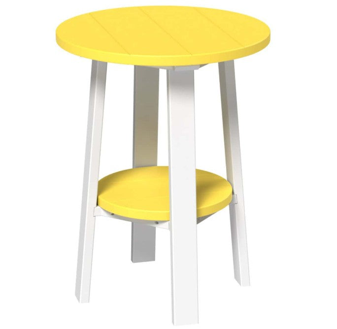 LuxCraft deluxe end table 28-inches high in yellow and white on a white background.  