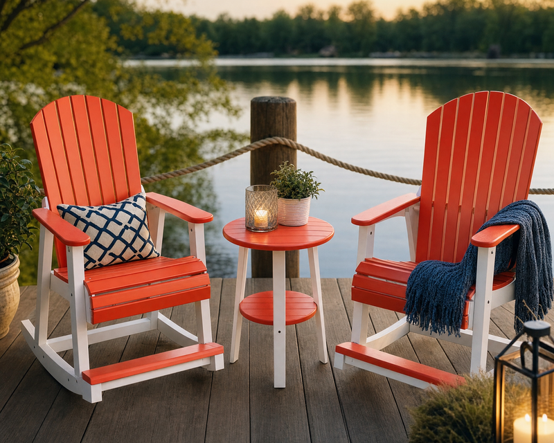 Deluxe end table 28-inches shows with two Adirondack gliders on a wodden dock on a lake.  
