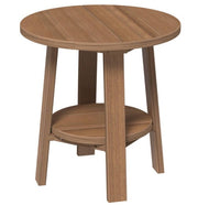 Round brown side table with a shelf on a white background