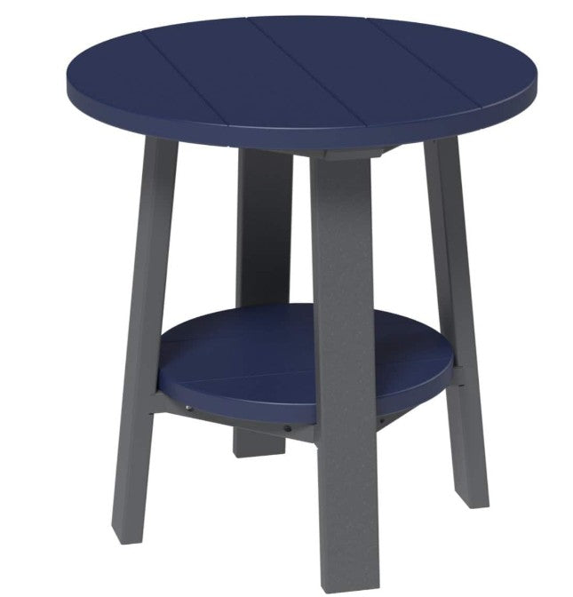 Round side table with blue top and gray base on a white background