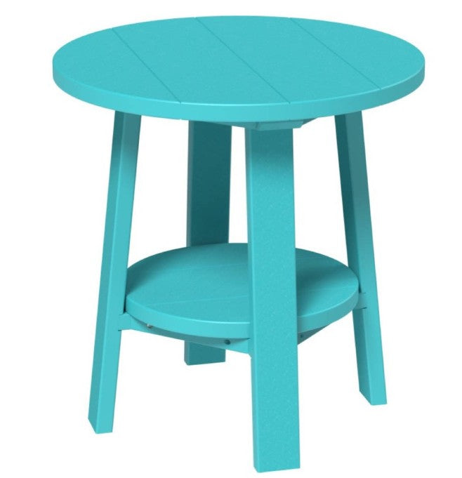 Turquoise round table with a shelf on a white background
