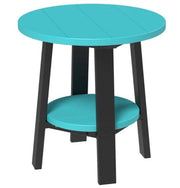 Round side table with turquoise top and black legs on a white background