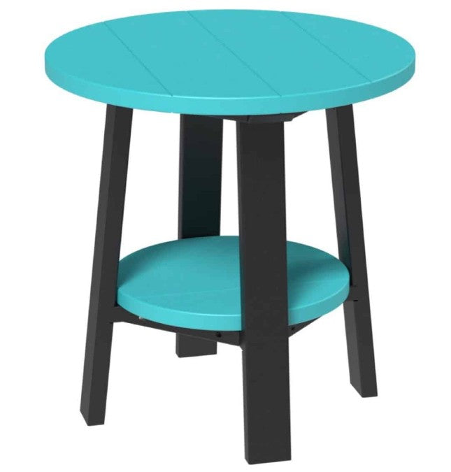 Round side table with turquoise top and black legs on a white background
