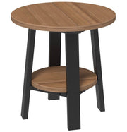Round brown side table with black legs on a white background