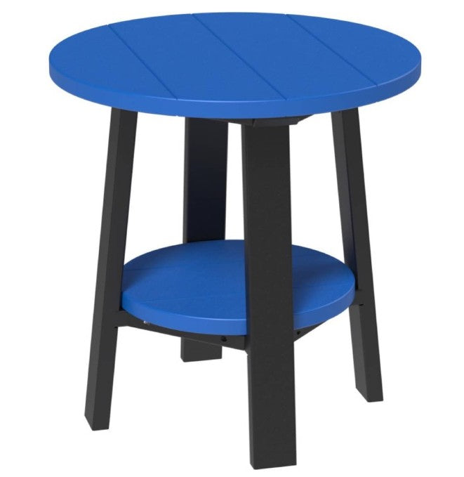 Round blue table with black legs on a white background