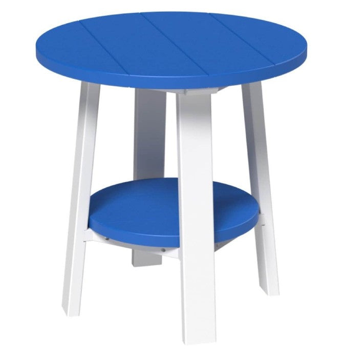 Round blue table with white legs on a white background