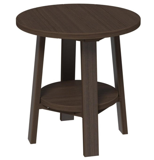 Round brown side table with a shelf on a white background